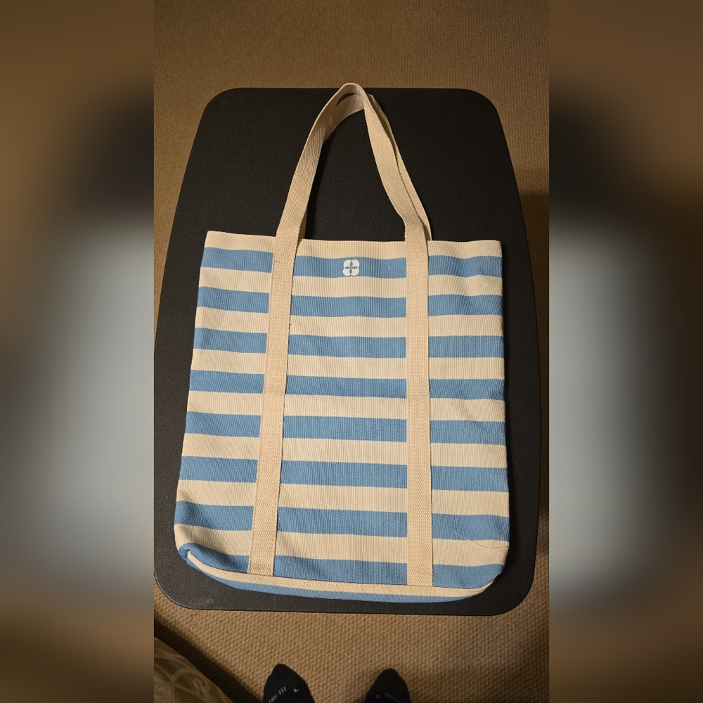 NEW PUREOLOGY Blue Cream Striped Canvas Tote Bag